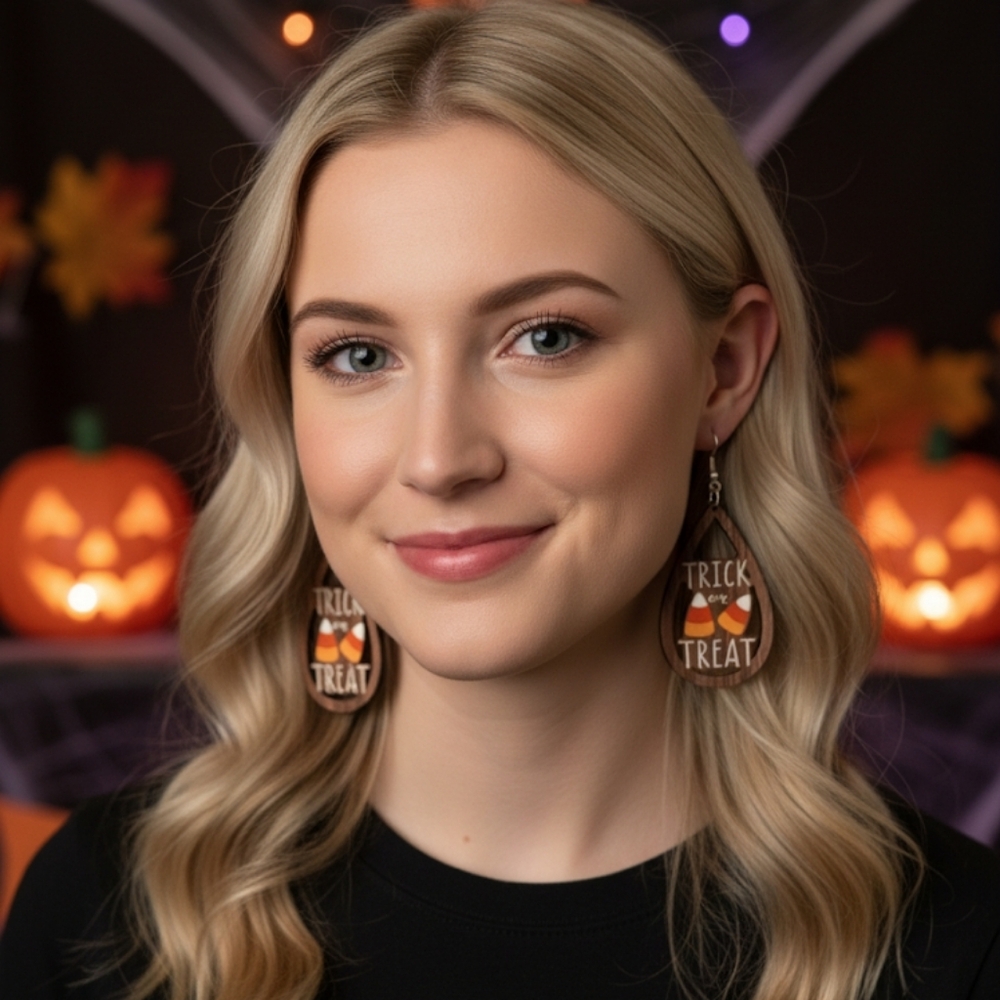 TRICK OR TREAT WOOD HANDCRAFTED HALLOWEEN EARRINGS